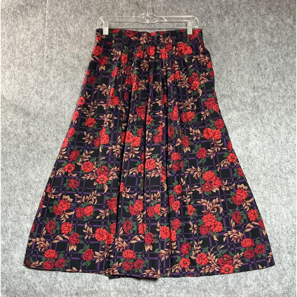Vintage Skirt Women Small Multicolor Floral Pockets Pleated Long USA 90s Cottage
